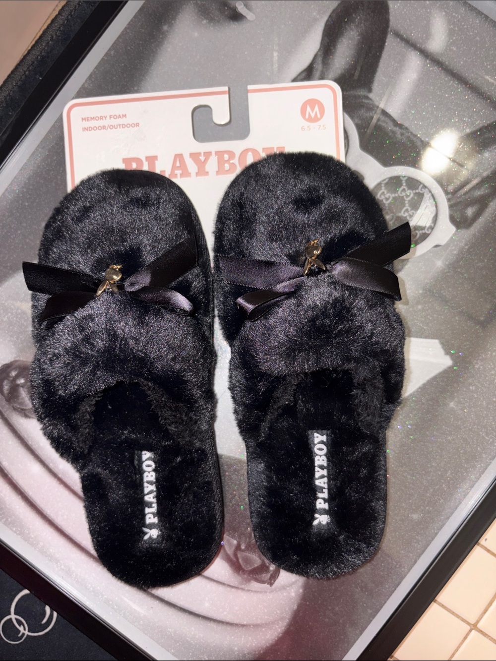 PLAYBOY Black Faux Fur Slide Slippers with Satin Bow